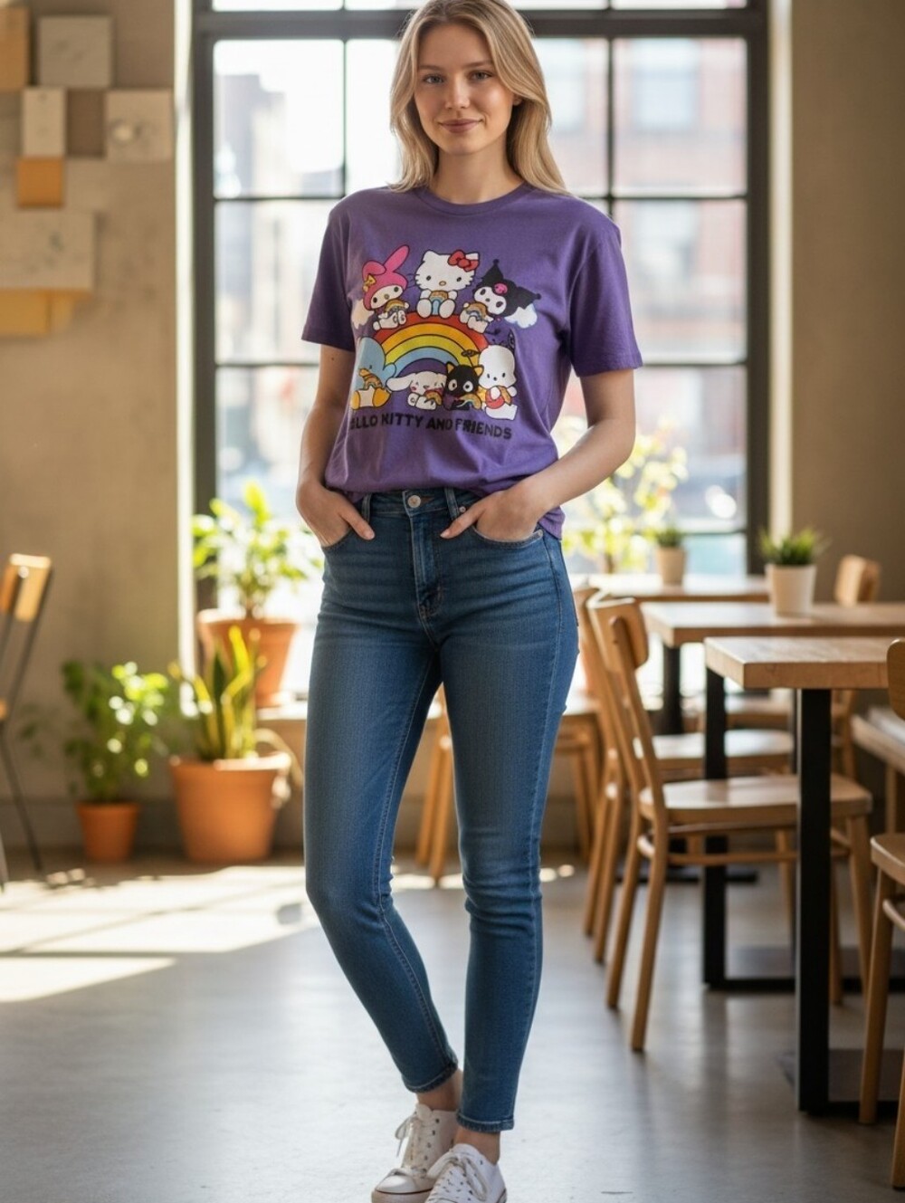 Hello Kitty Purple Graphic Tee with Rainbow and Characters